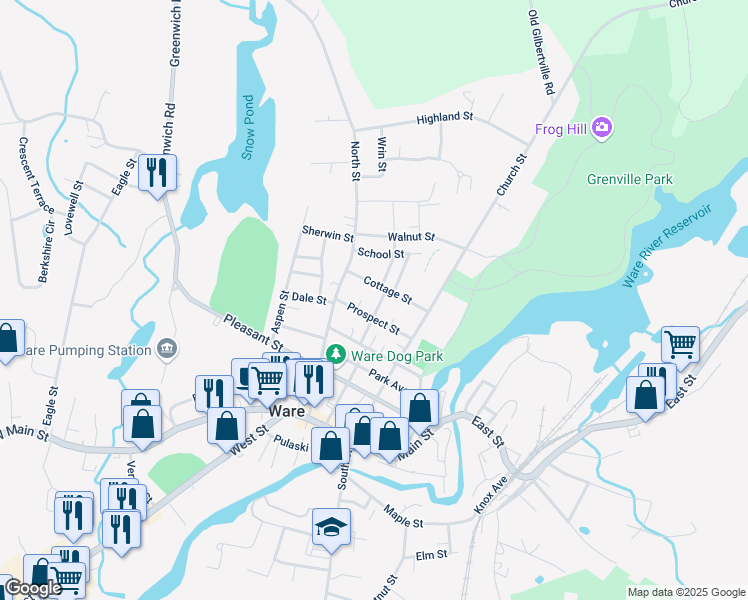 map of restaurants, bars, coffee shops, grocery stores, and more near 17 Spring Street in Ware
