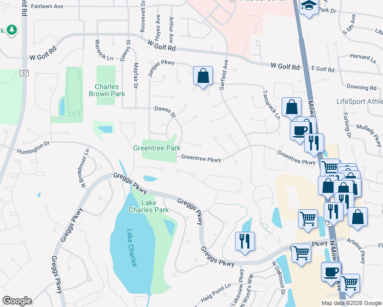 map of restaurants, bars, coffee shops, grocery stores, and more near 426 Greentree Parkway in Libertyville