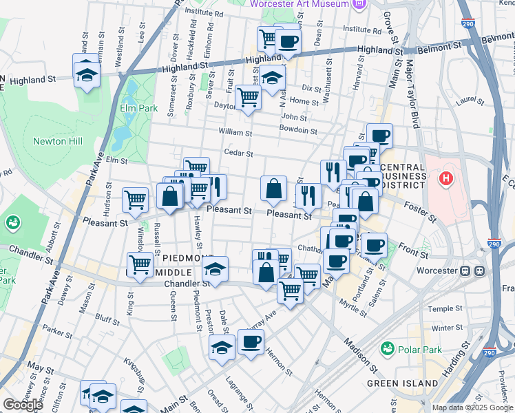 map of restaurants, bars, coffee shops, grocery stores, and more near 179 Pleasant Street in Worcester