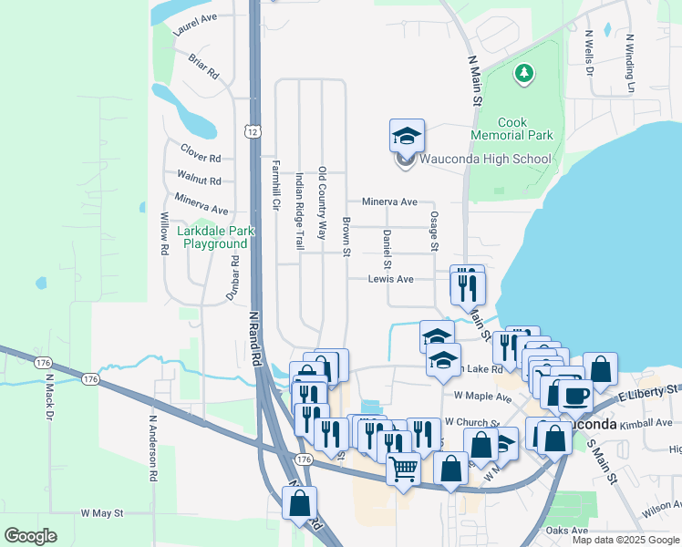 map of restaurants, bars, coffee shops, grocery stores, and more near 401 Brown Street in Wauconda