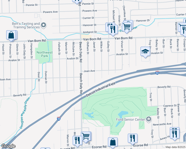 map of restaurants, bars, coffee shops, grocery stores, and more near 6260 Janet St in Taylor