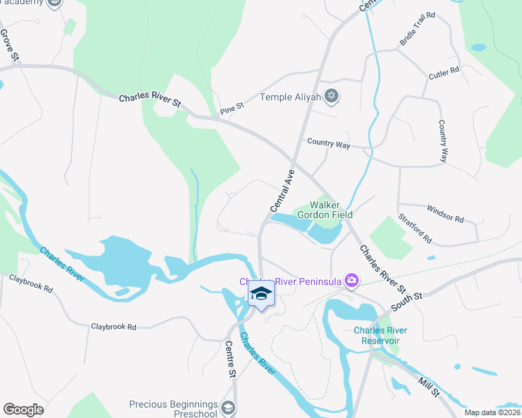 map of restaurants, bars, coffee shops, grocery stores, and more near 1831 Central Avenue in Needham