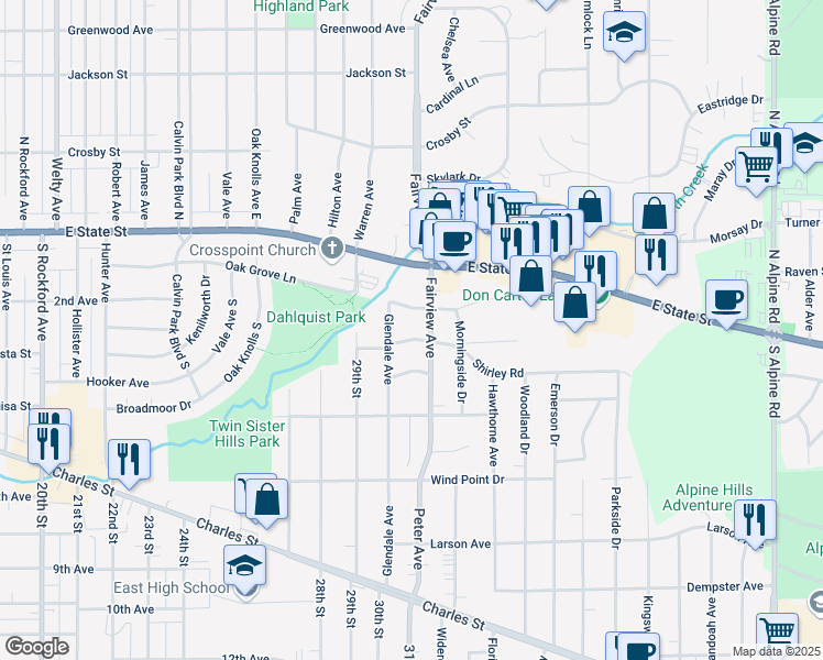 map of restaurants, bars, coffee shops, grocery stores, and more near 3426 Shirley Road in Rockford