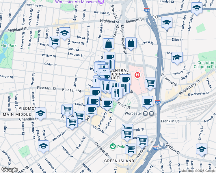 map of restaurants, bars, coffee shops, grocery stores, and more near 16 Norwich Street in Worcester