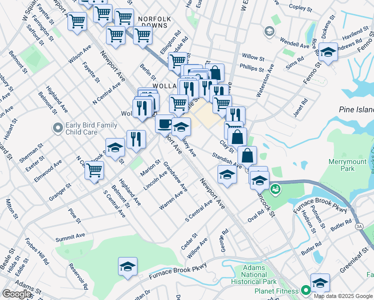 map of restaurants, bars, coffee shops, grocery stores, and more near 55R Old Colony Avenue in Quincy