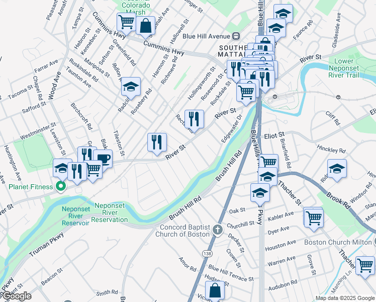 map of restaurants, bars, coffee shops, grocery stores, and more near 11 Monponset Street in Boston