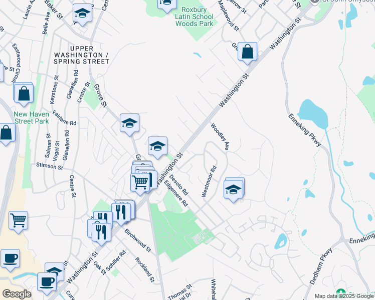 map of restaurants, bars, coffee shops, grocery stores, and more near 5096 Washington Street in Boston
