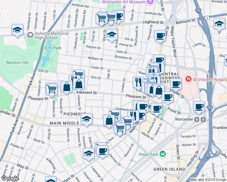 map of restaurants, bars, coffee shops, grocery stores, and more near 119 Pleasant Street in Worcester