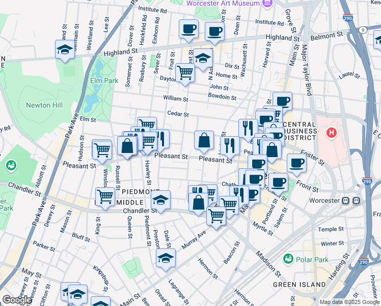 map of restaurants, bars, coffee shops, grocery stores, and more near 167 Pleasant Street in Worcester