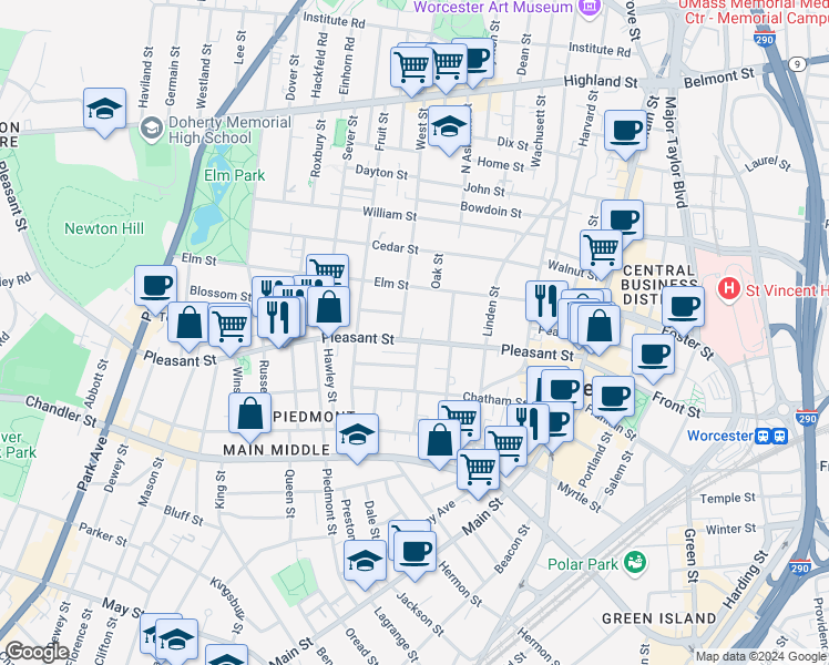 map of restaurants, bars, coffee shops, grocery stores, and more near 219 Pleasant Street in Worcester