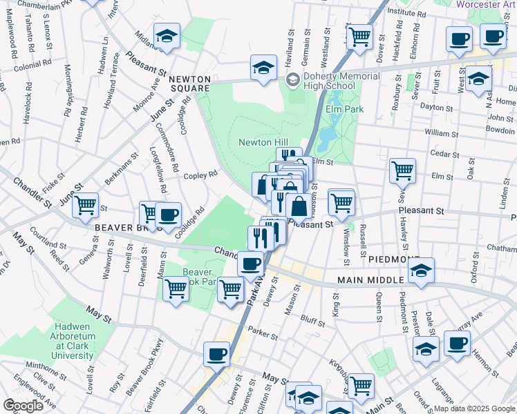 map of restaurants, bars, coffee shops, grocery stores, and more near 5 Norman Avenue in Worcester