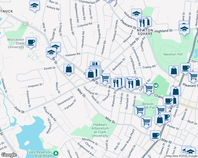 map of restaurants, bars, coffee shops, grocery stores, and more near in Worcester