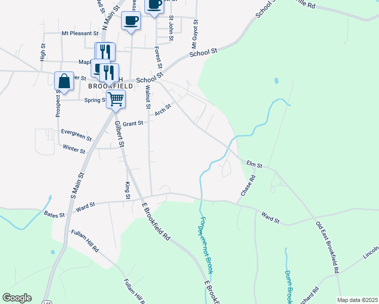 map of restaurants, bars, coffee shops, grocery stores, and more near 36 Elm Street in North Brookfield