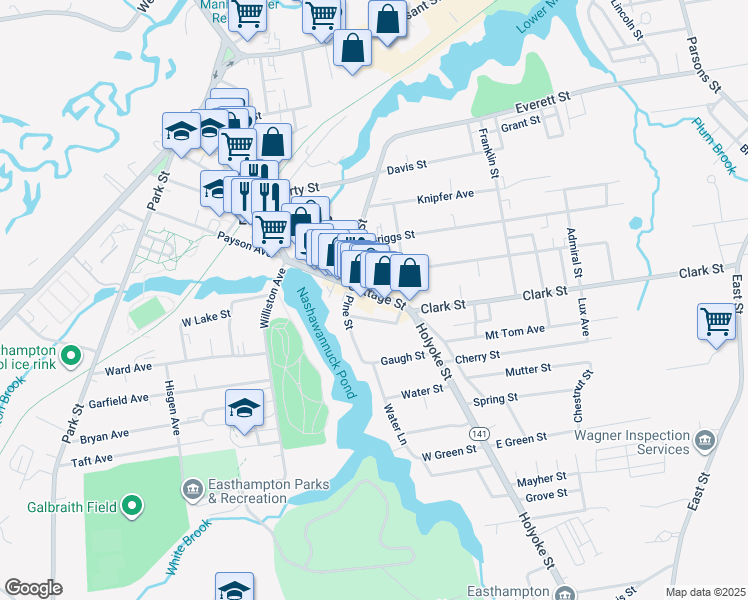 map of restaurants, bars, coffee shops, grocery stores, and more near 116 Massachusetts 141 in Easthampton