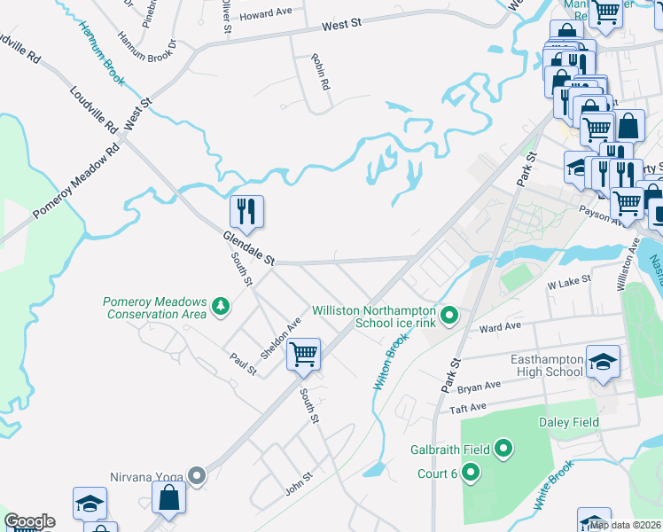 map of restaurants, bars, coffee shops, grocery stores, and more near 34 Glendale Street in Easthampton