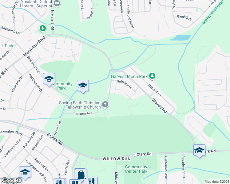 map of restaurants, bars, coffee shops, grocery stores, and more near 1659 Greenway Drive in Superior Charter Township