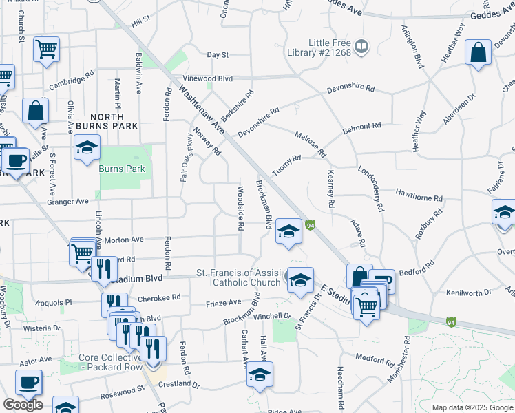 map of restaurants, bars, coffee shops, grocery stores, and more near 2132 Brockman Boulevard in Ann Arbor