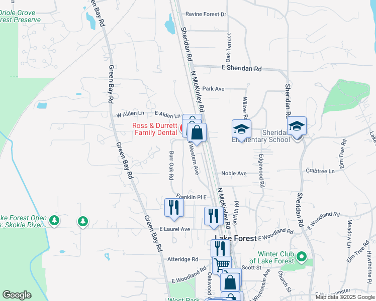map of restaurants, bars, coffee shops, grocery stores, and more near 1339 North Western Avenue in Lake Forest