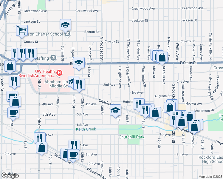 map of restaurants, bars, coffee shops, grocery stores, and more near 319 South Gardiner Avenue in Rockford