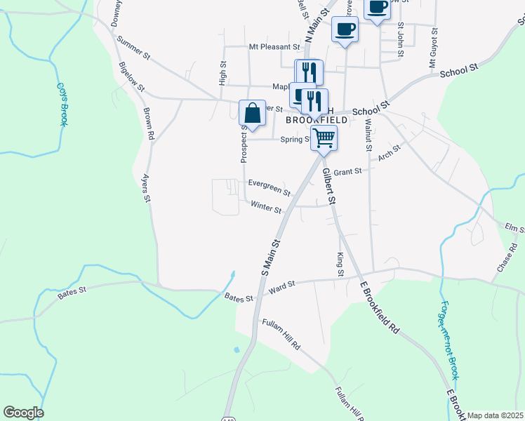 map of restaurants, bars, coffee shops, grocery stores, and more near 15 Winter Street in North Brookfield