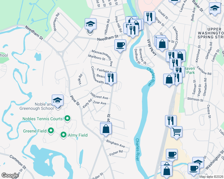 map of restaurants, bars, coffee shops, grocery stores, and more near 15 Kiely Road in Dedham