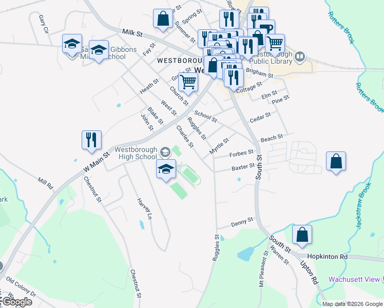map of restaurants, bars, coffee shops, grocery stores, and more near 23 Charles Street in Westborough