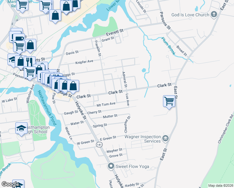 map of restaurants, bars, coffee shops, grocery stores, and more near 58 Clark Street in Easthampton