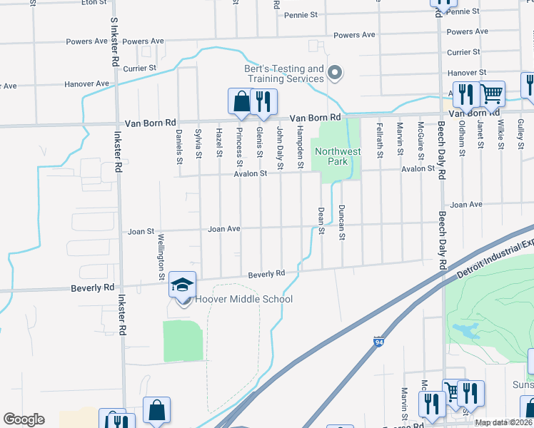 map of restaurants, bars, coffee shops, grocery stores, and more near 6166 John Daly Street in Taylor