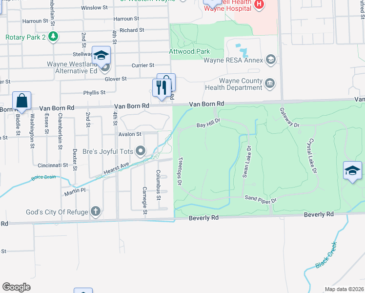 map of restaurants, bars, coffee shops, grocery stores, and more near 6059 Treetops Drive in Romulus