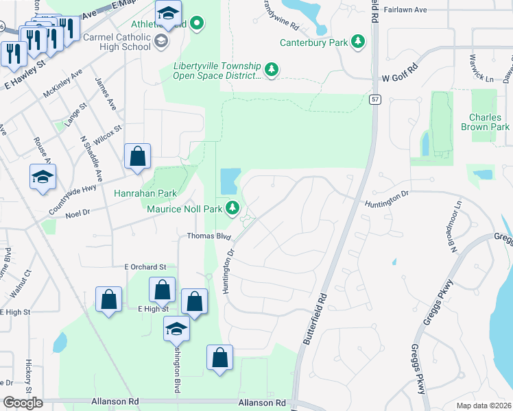 map of restaurants, bars, coffee shops, grocery stores, and more near 1372 Huntington Drive in Mundelein