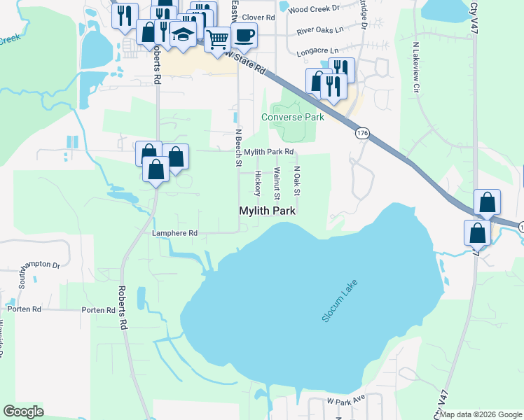 map of restaurants, bars, coffee shops, grocery stores, and more near 27558 Hickory in Island Lake