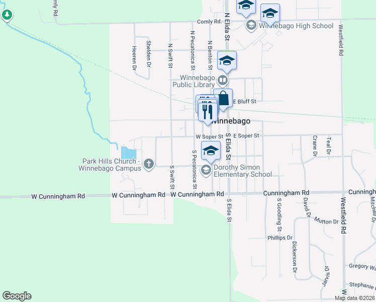 map of restaurants, bars, coffee shops, grocery stores, and more near 214 South Swift Street in Winnebago