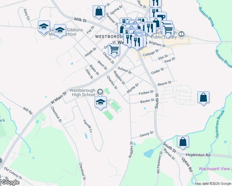 map of restaurants, bars, coffee shops, grocery stores, and more near 23 Charles Street in Westborough