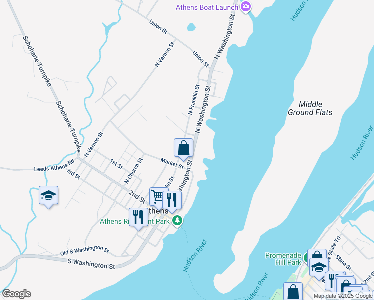 map of restaurants, bars, coffee shops, grocery stores, and more near 64 North Washington Street in Athens