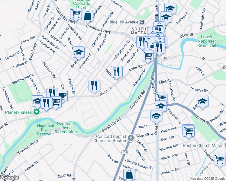map of restaurants, bars, coffee shops, grocery stores, and more near 11 Monponset Street in Boston