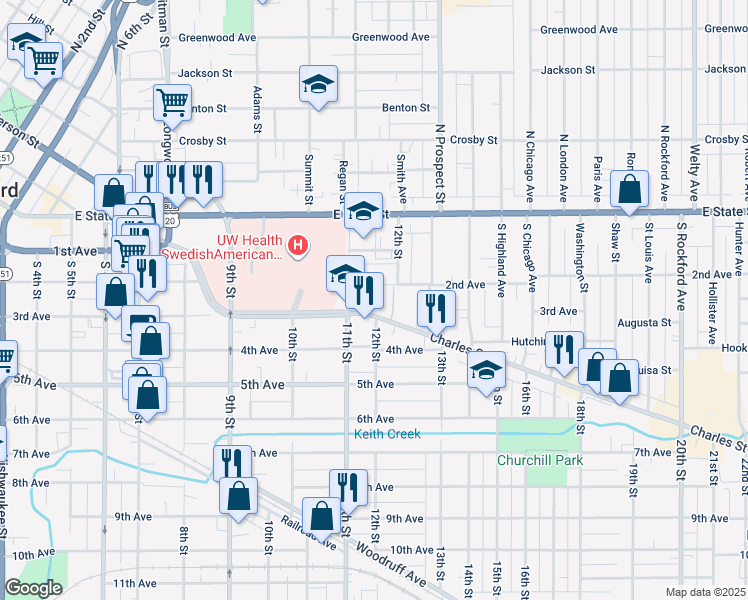 map of restaurants, bars, coffee shops, grocery stores, and more near 1500 Charles Street in Rockford