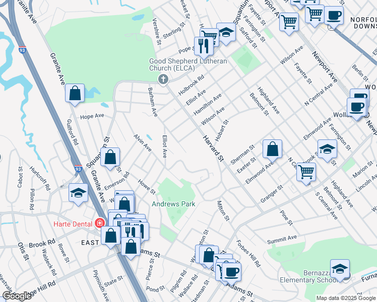 map of restaurants, bars, coffee shops, grocery stores, and more near 150 Barham Avenue in Quincy