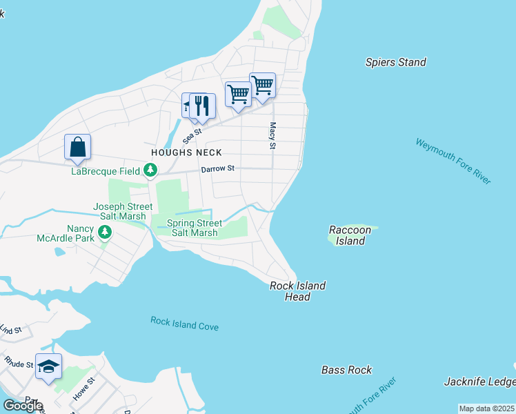 map of restaurants, bars, coffee shops, grocery stores, and more near 157 Edgewater Drive in Quincy