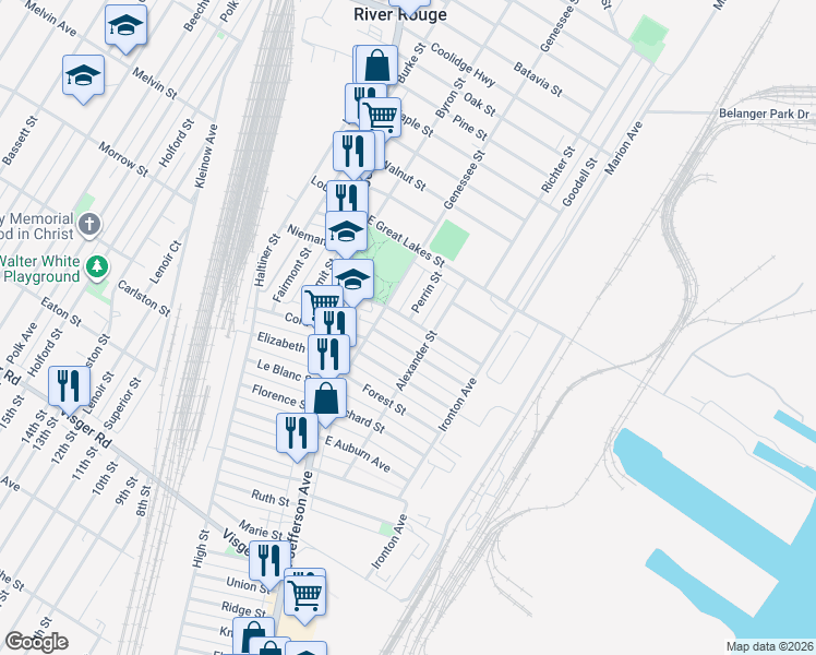 map of restaurants, bars, coffee shops, grocery stores, and more near 37 Stoner Street in River Rouge