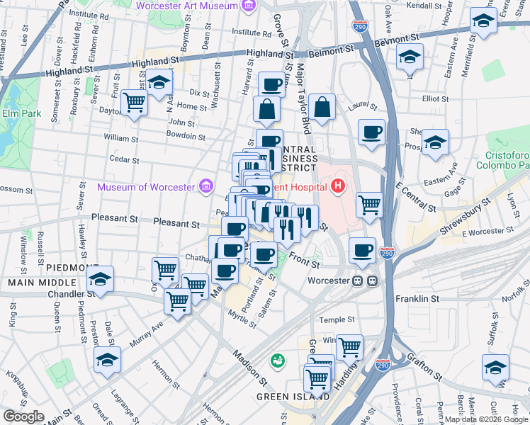 map of restaurants, bars, coffee shops, grocery stores, and more near 28 Mechanic Street in Worcester