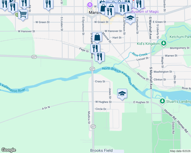 map of restaurants, bars, coffee shops, grocery stores, and more near 312 Crary Street in Marshall