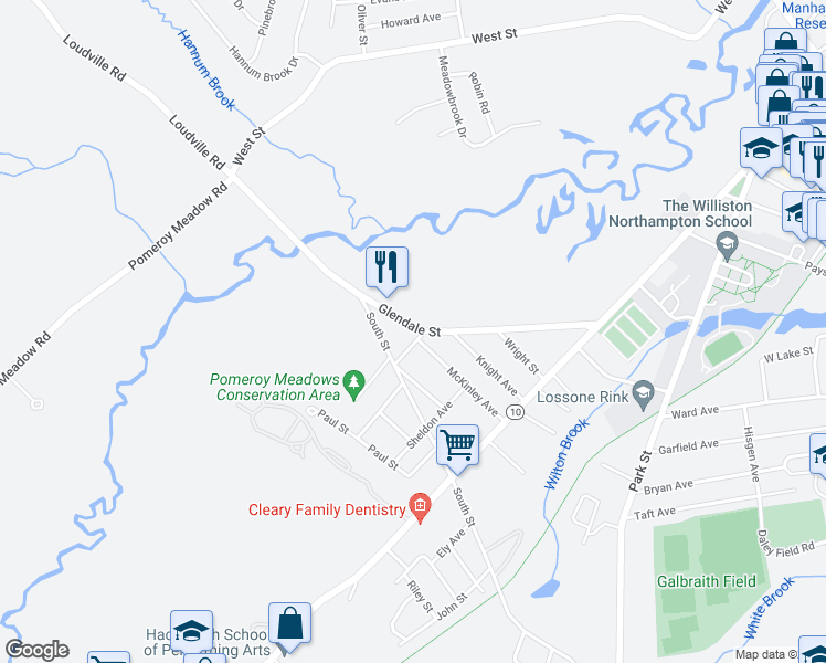 map of restaurants, bars, coffee shops, grocery stores, and more near 52 Glendale Street in Easthampton