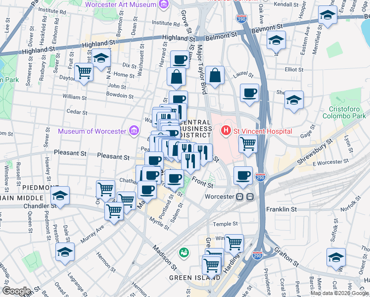 map of restaurants, bars, coffee shops, grocery stores, and more near 19 Foster Street in Worcester