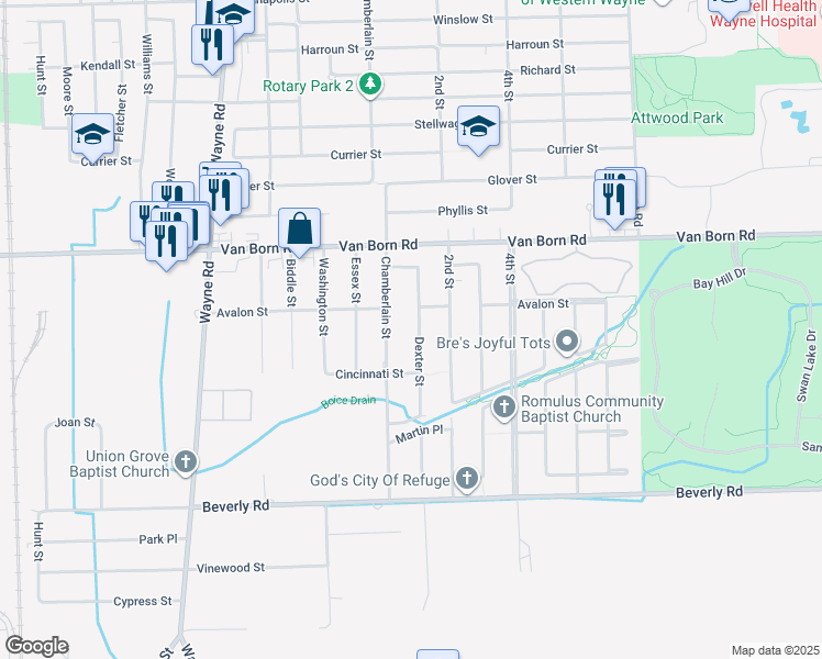 map of restaurants, bars, coffee shops, grocery stores, and more near 6045 Dexter Street in Romulus