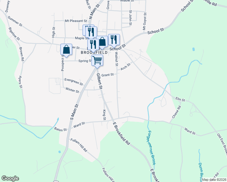 map of restaurants, bars, coffee shops, grocery stores, and more near 64 Walnut Street in North Brookfield