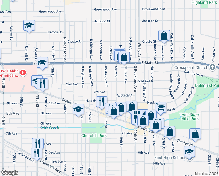 map of restaurants, bars, coffee shops, grocery stores, and more near 329 Shaw Street in Rockford