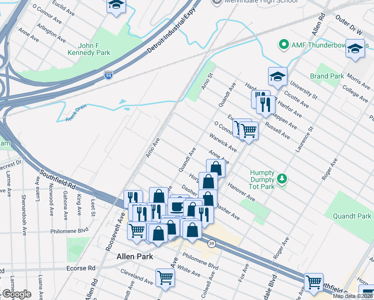 map of restaurants, bars, coffee shops, grocery stores, and more near 15804 Hanover Avenue in Allen Park