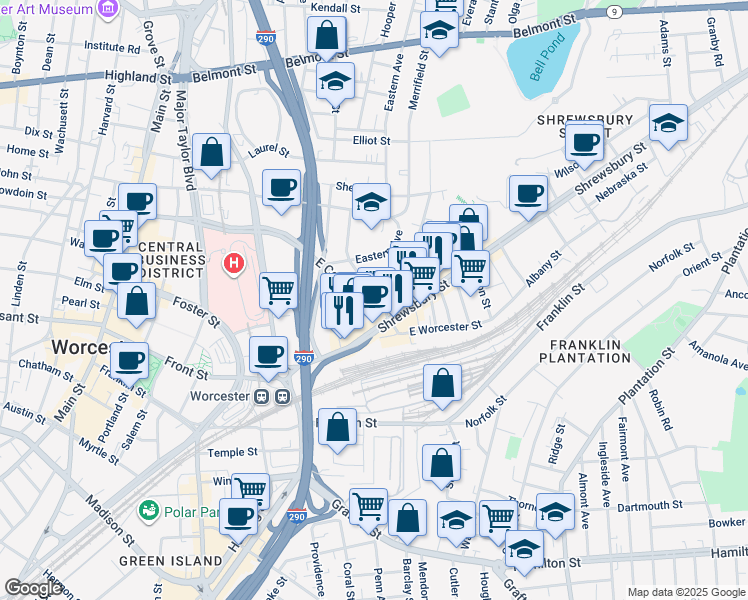 map of restaurants, bars, coffee shops, grocery stores, and more near 86 East Central Street in Worcester
