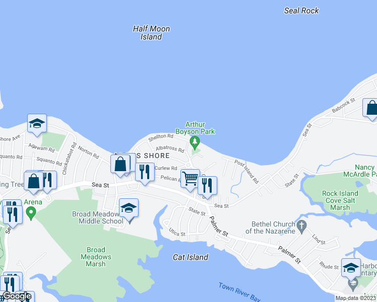 map of restaurants, bars, coffee shops, grocery stores, and more near 29 Heron Road in Quincy