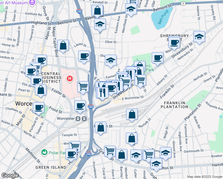 map of restaurants, bars, coffee shops, grocery stores, and more near 108 Shrewsbury Street in Worcester